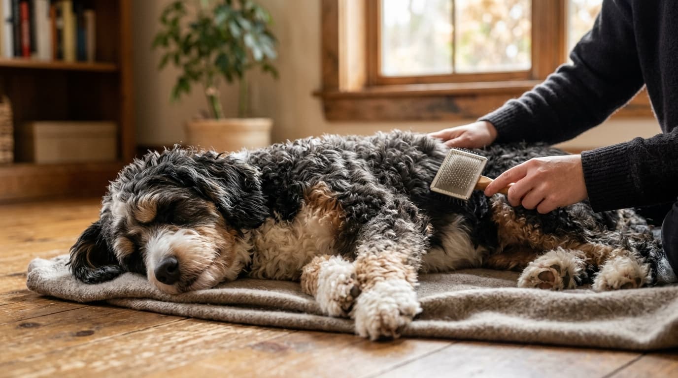 Bernedoodle wearing recommended dog gear, demonstrating proper harness or collar fit for the breed