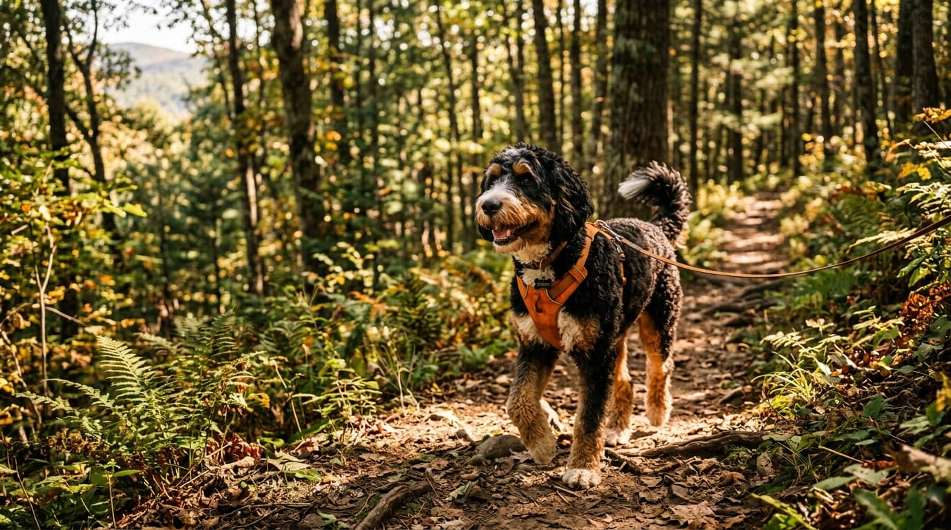 Bernedoodle in a natural outdoor lifestyle setting, illustrating typical breed energy level and body shape