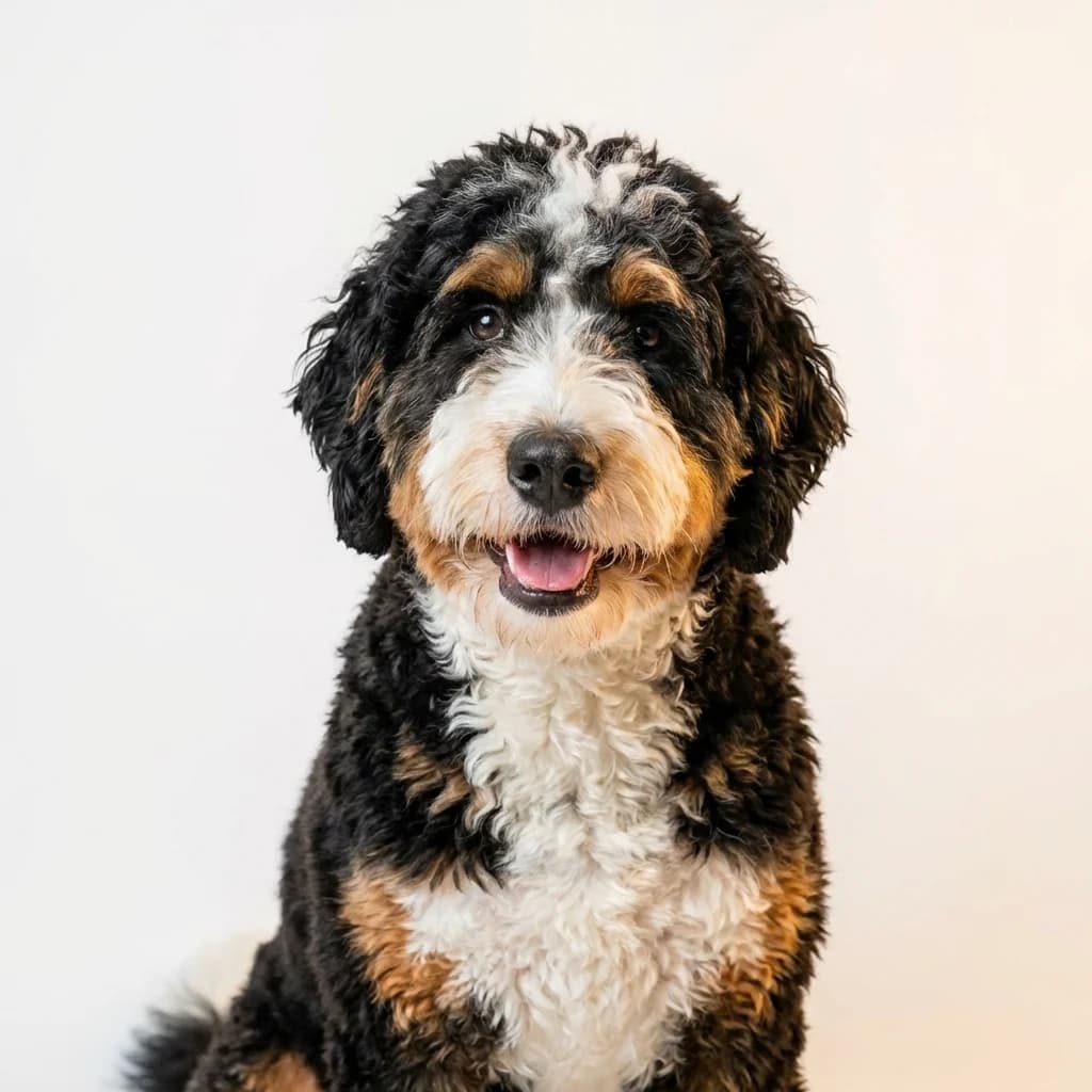 Bernedoodle dog — studio head-and-shoulders portrait showing typical coat color and facial features