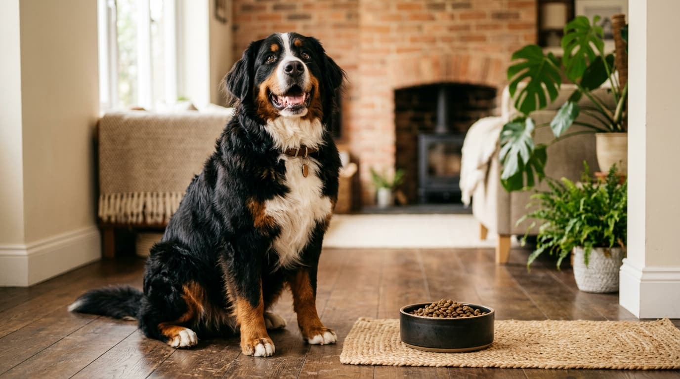Bernese Mountain Dog wearing recommended dog gear, demonstrating proper harness or collar fit for the breed