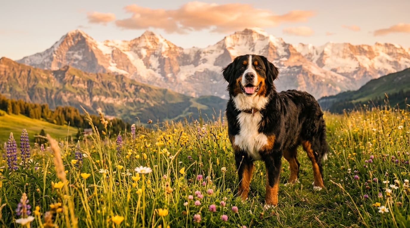 Bernese Mountain Dog in a natural outdoor lifestyle setting, illustrating typical breed energy level and body shape