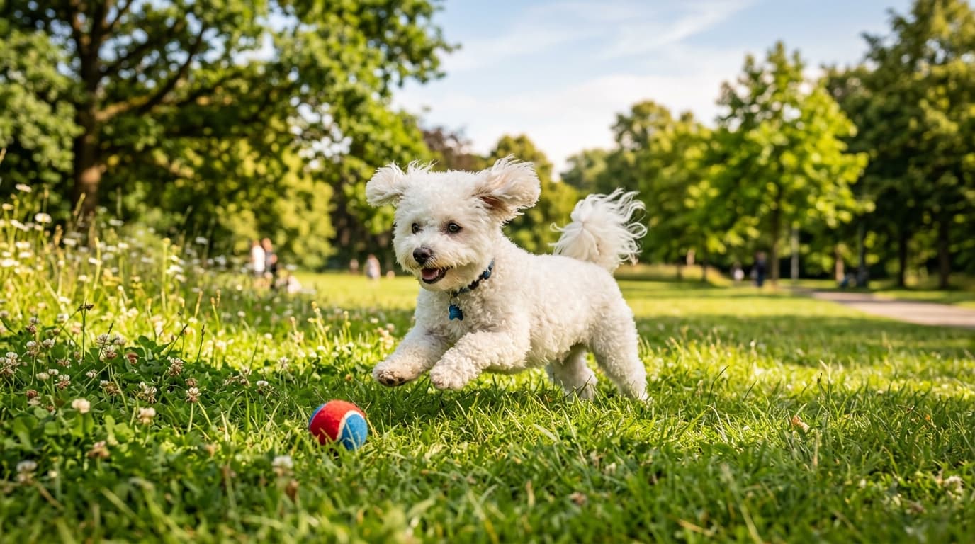 Bichon Frise in a natural outdoor lifestyle setting, illustrating typical breed energy level and body shape