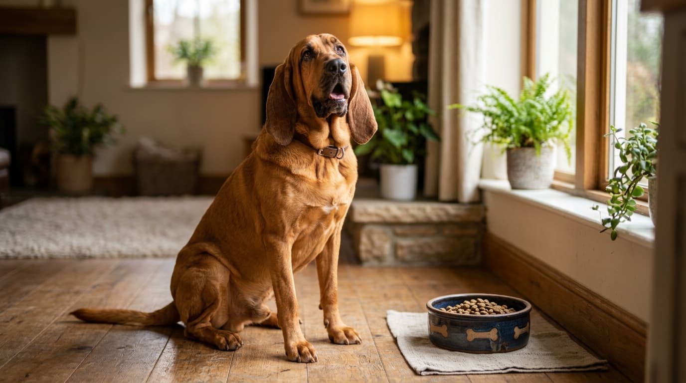 Bloodhound wearing recommended dog gear, demonstrating proper harness or collar fit for the breed