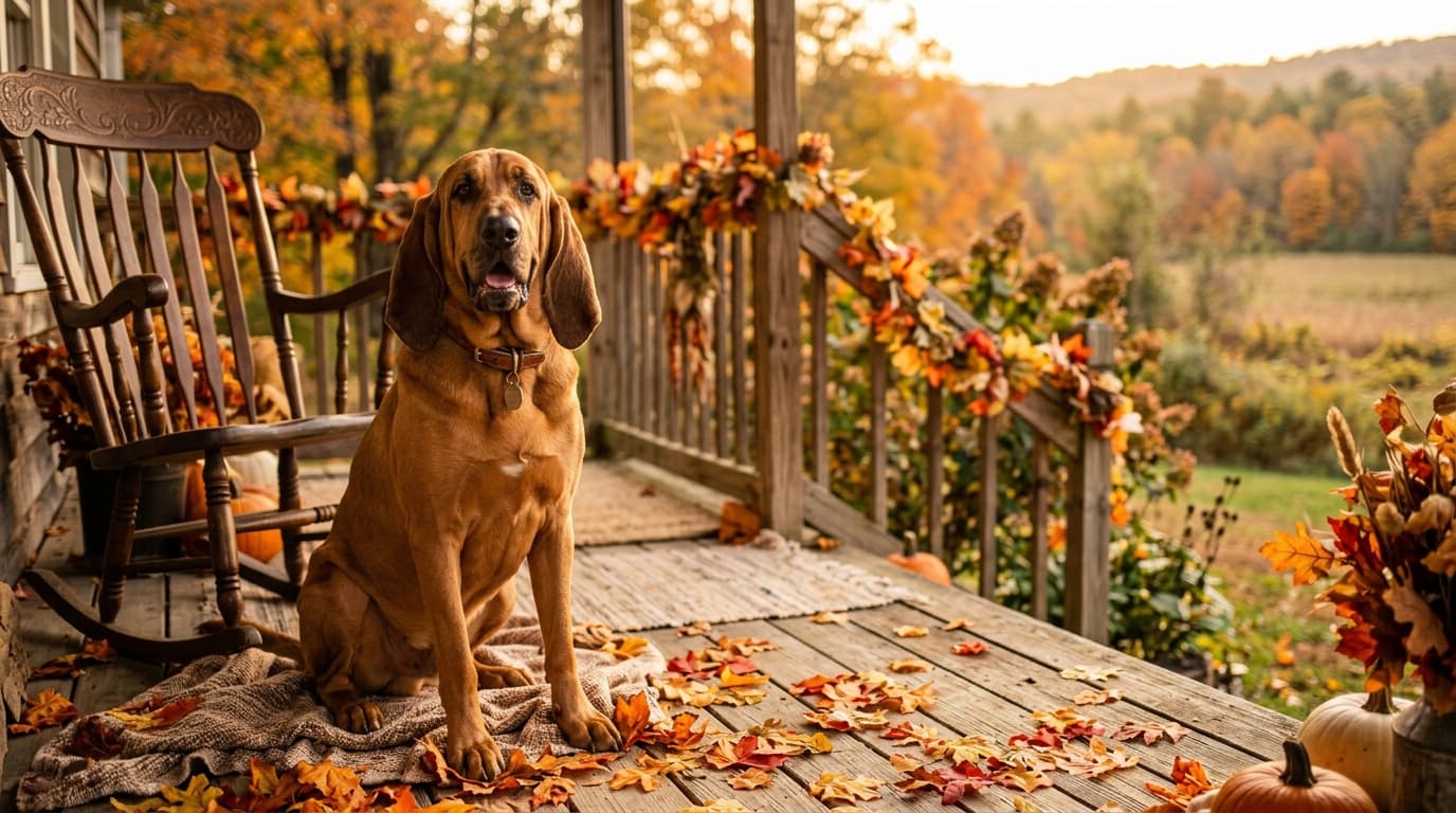 Bloodhound in a natural outdoor lifestyle setting, illustrating typical breed energy level and body shape