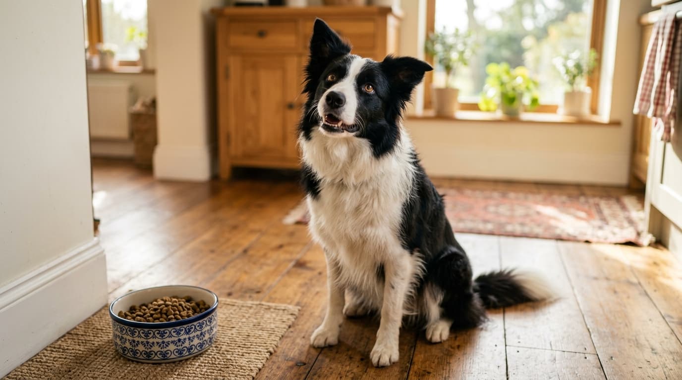 Border Collie wearing recommended dog gear, demonstrating proper harness or collar fit for the breed