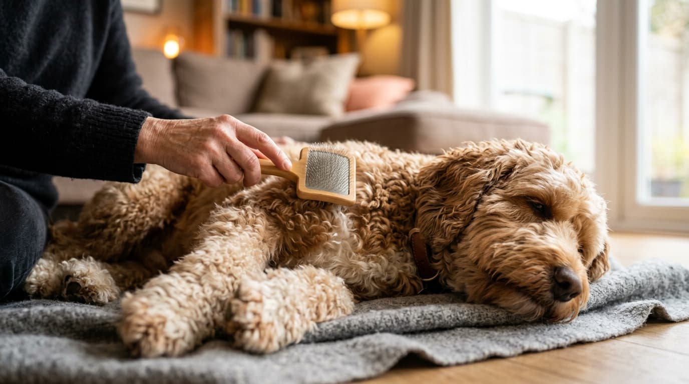 Bordoodle wearing recommended dog gear, demonstrating proper harness or collar fit for the breed