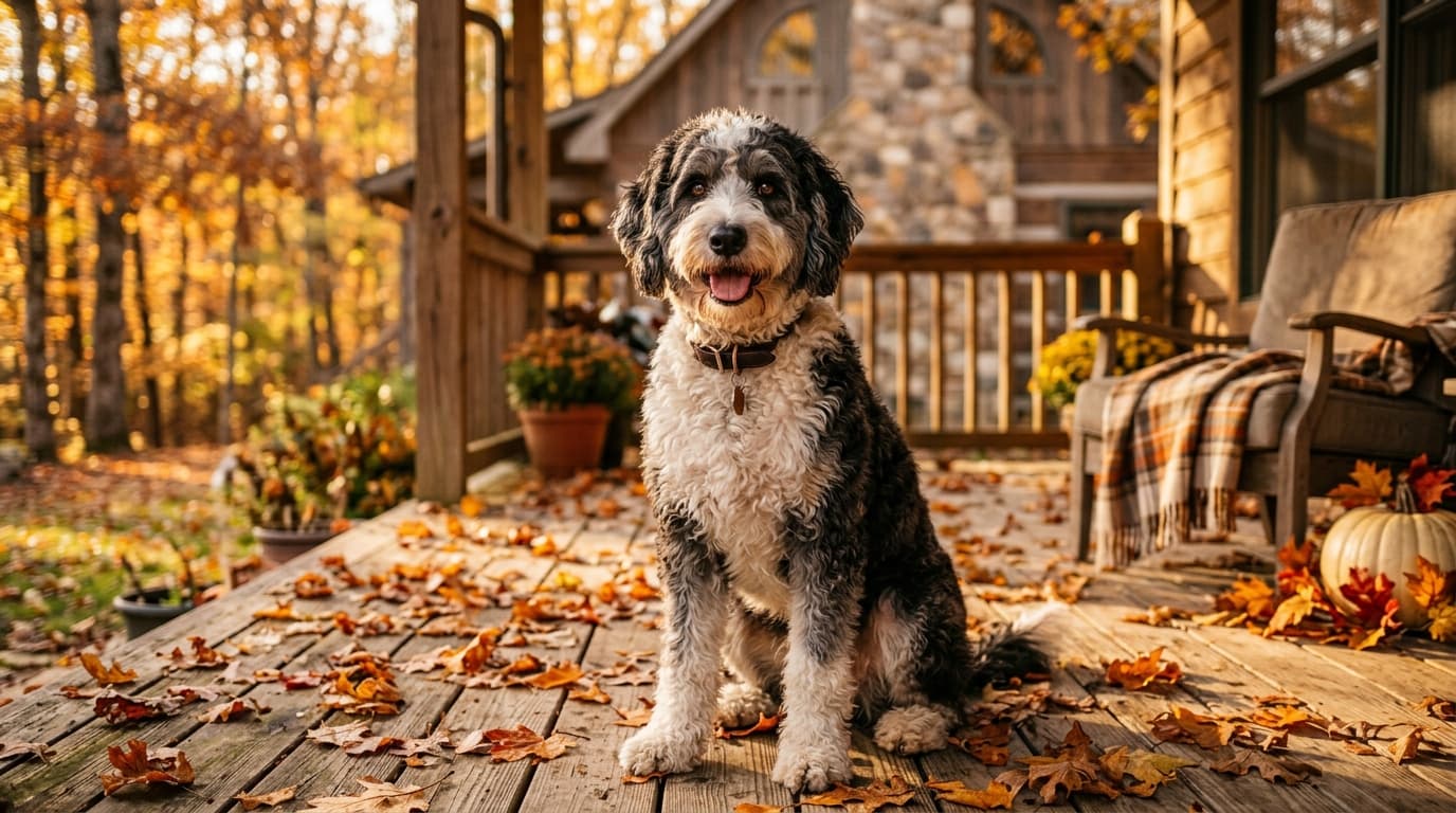 Bordoodle in a natural outdoor lifestyle setting, illustrating typical breed energy level and body shape