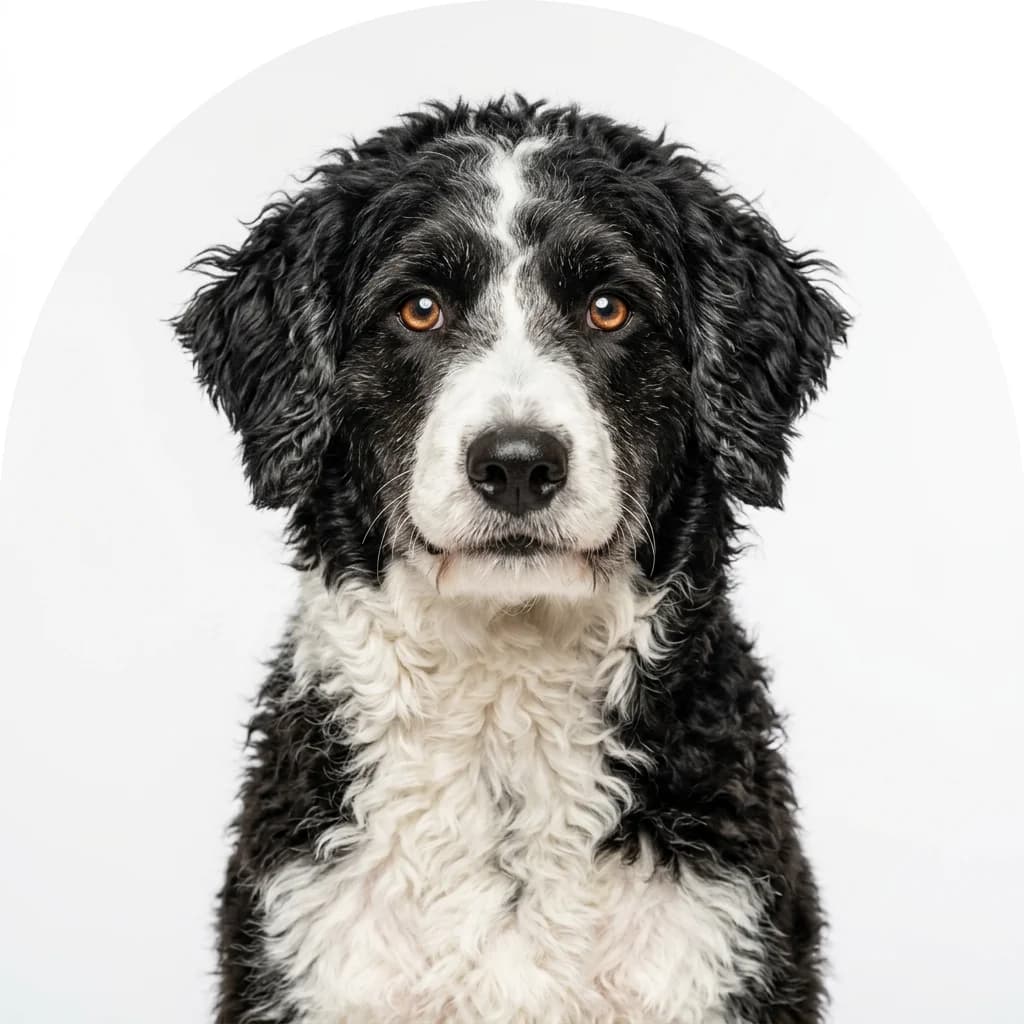 Bordoodle dog — studio head-and-shoulders portrait showing typical coat color and facial features