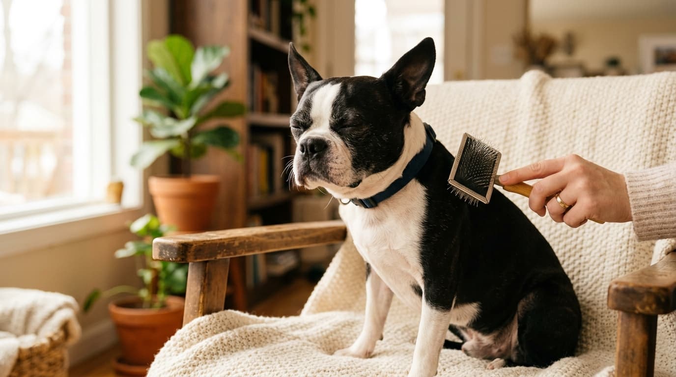 Boston Terrier wearing recommended dog gear, demonstrating proper harness or collar fit for the breed
