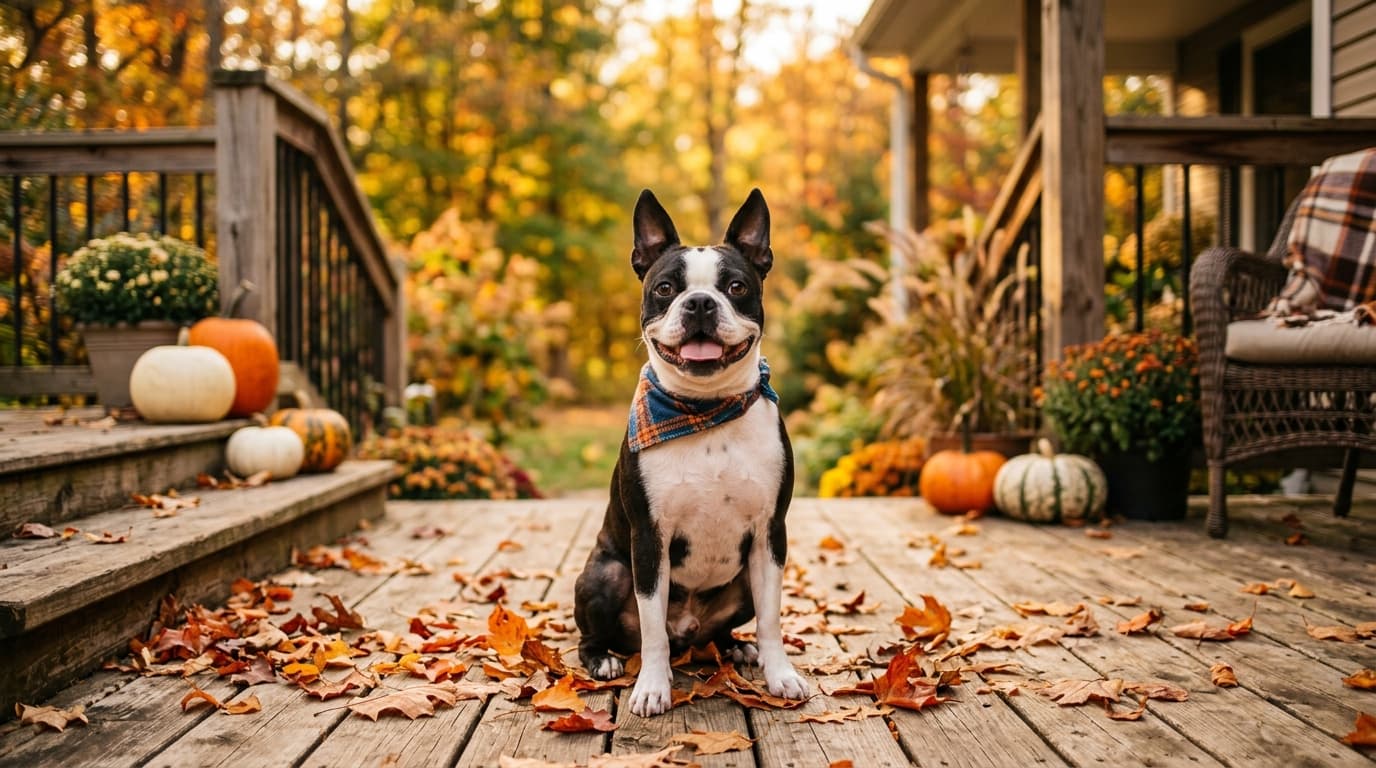 Boston Terrier in a natural outdoor lifestyle setting, illustrating typical breed energy level and body shape