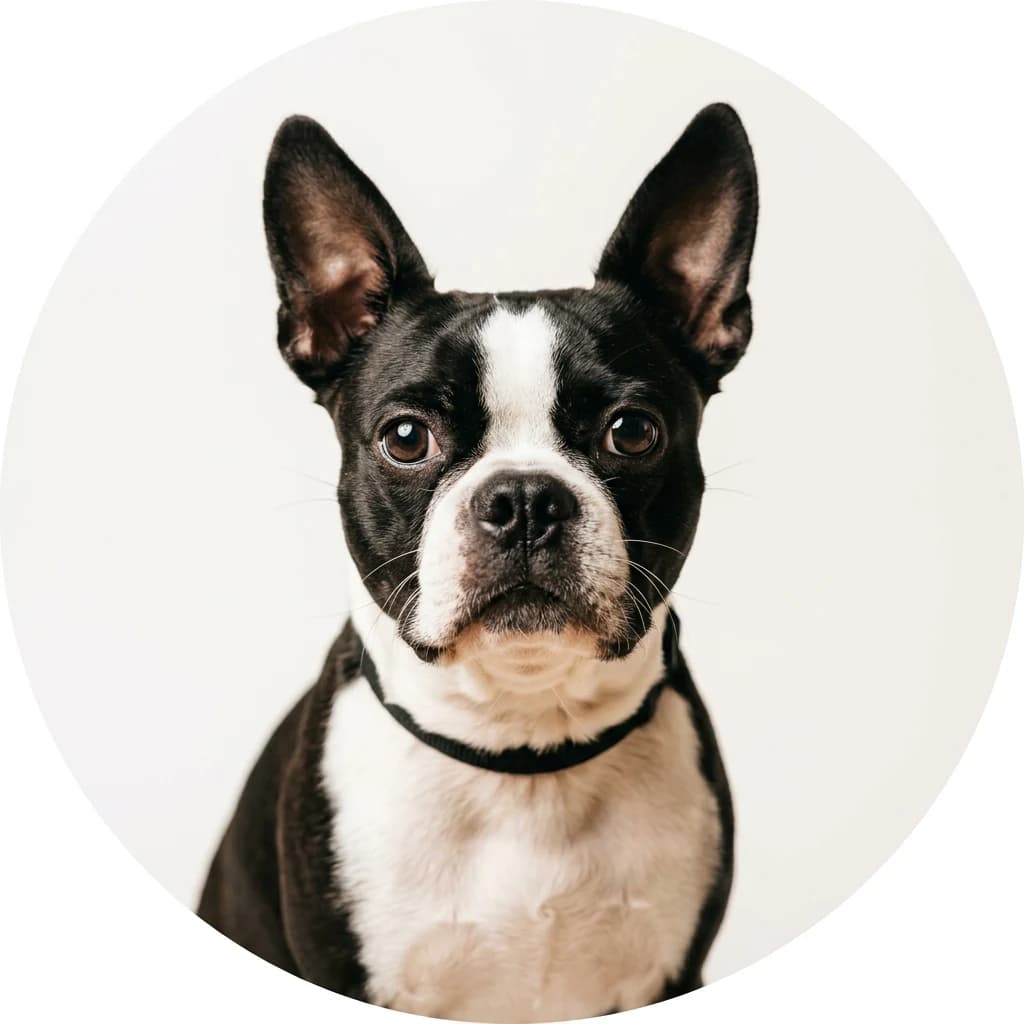 Boston Terrier dog — studio head-and-shoulders portrait showing typical coat color and facial features
