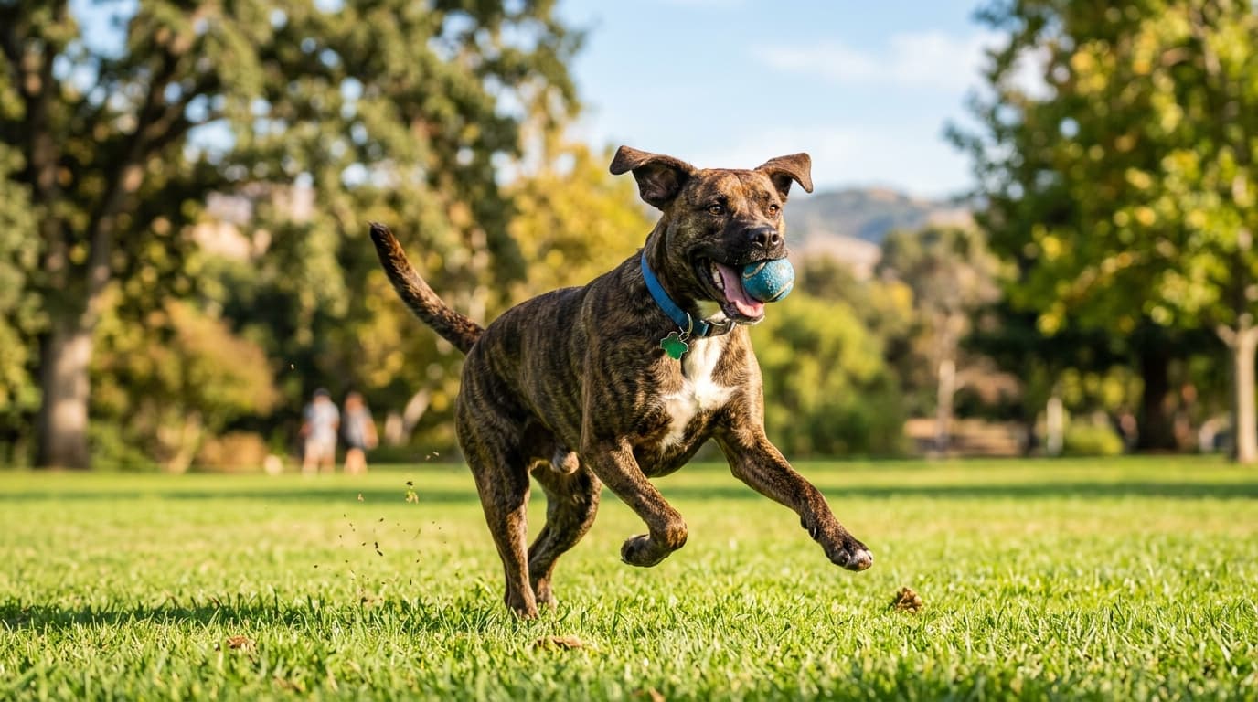 Boxador in a natural outdoor lifestyle setting, illustrating typical breed energy level and body shape