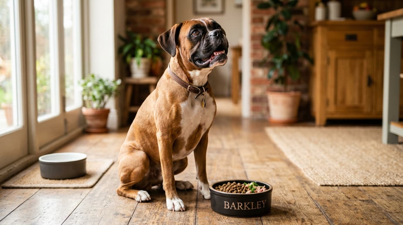 Boxer wearing recommended dog gear, demonstrating proper harness or collar fit for the breed