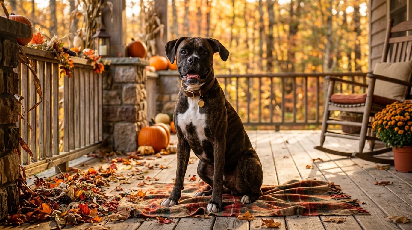 Boxer in a natural outdoor lifestyle setting, illustrating typical breed energy level and body shape