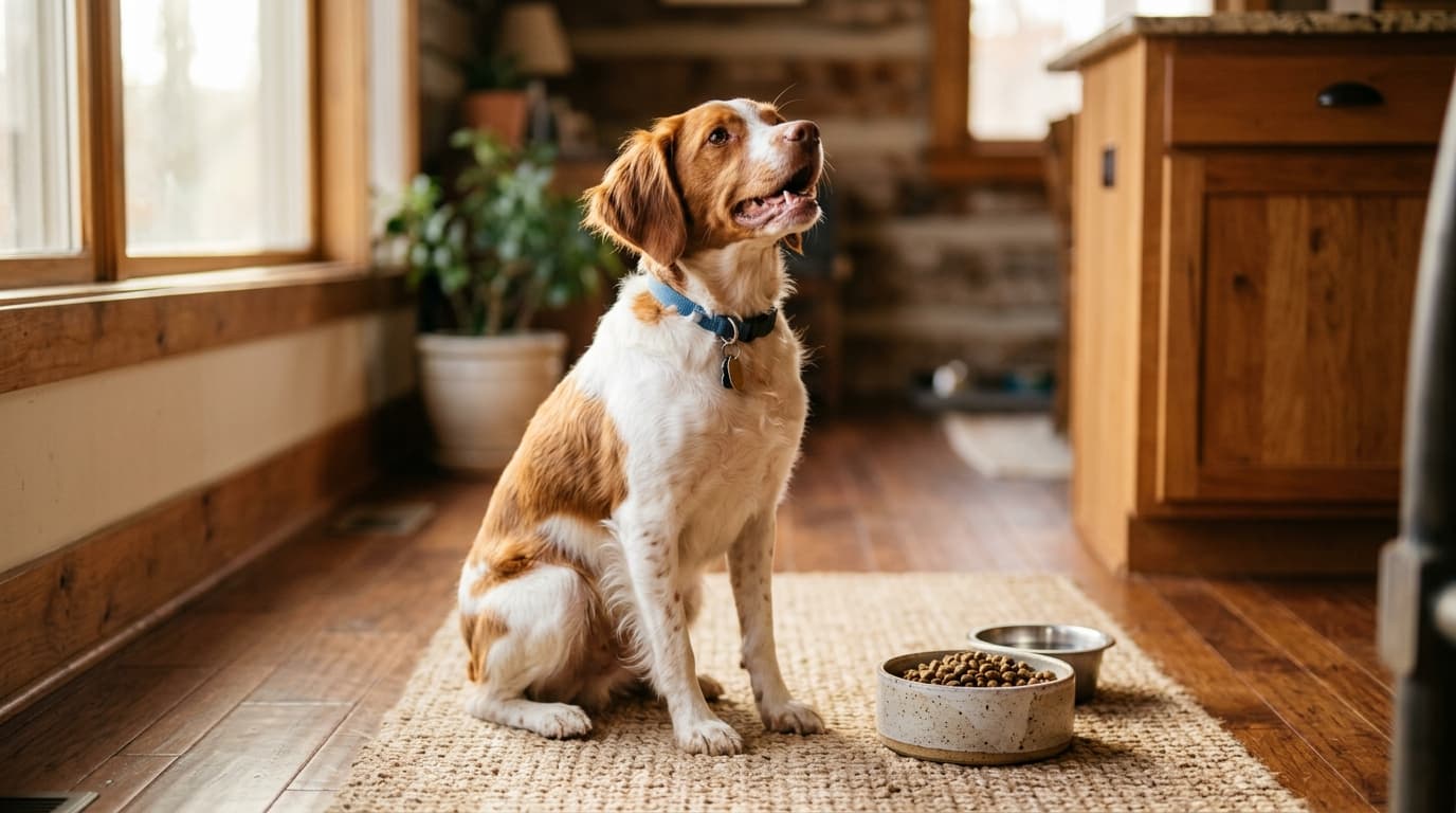 Brittany wearing recommended dog gear, demonstrating proper harness or collar fit for the breed
