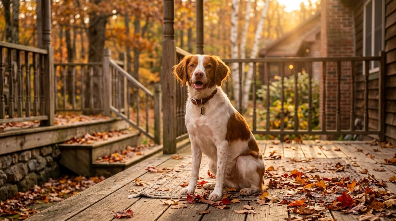 Brittany in a natural outdoor lifestyle setting, illustrating typical breed energy level and body shape