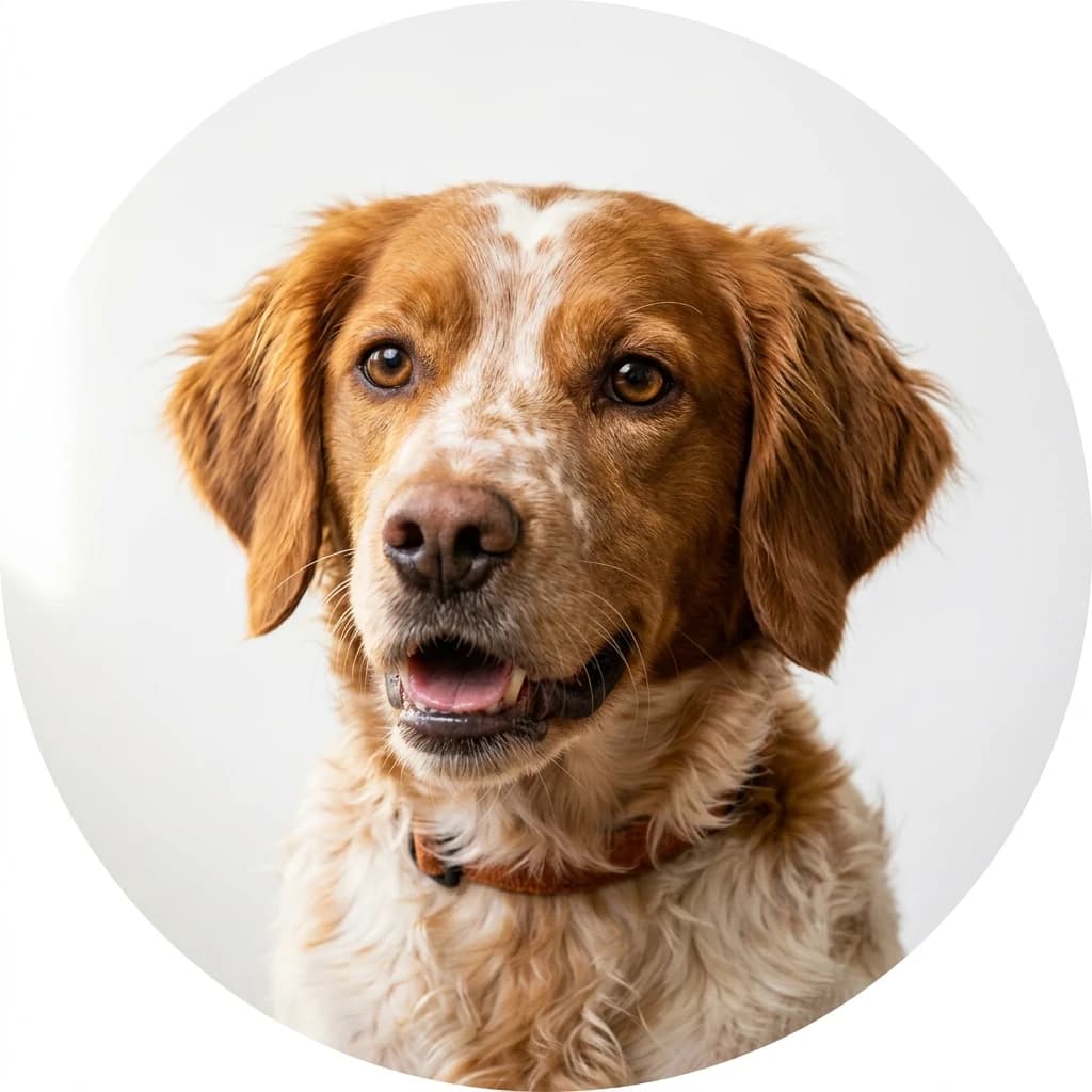 Brittany dog — studio head-and-shoulders portrait showing typical coat color and facial features