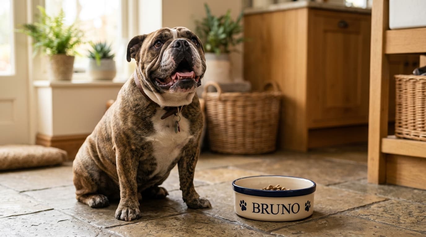 Bulldog wearing recommended dog gear, demonstrating proper harness or collar fit for the breed