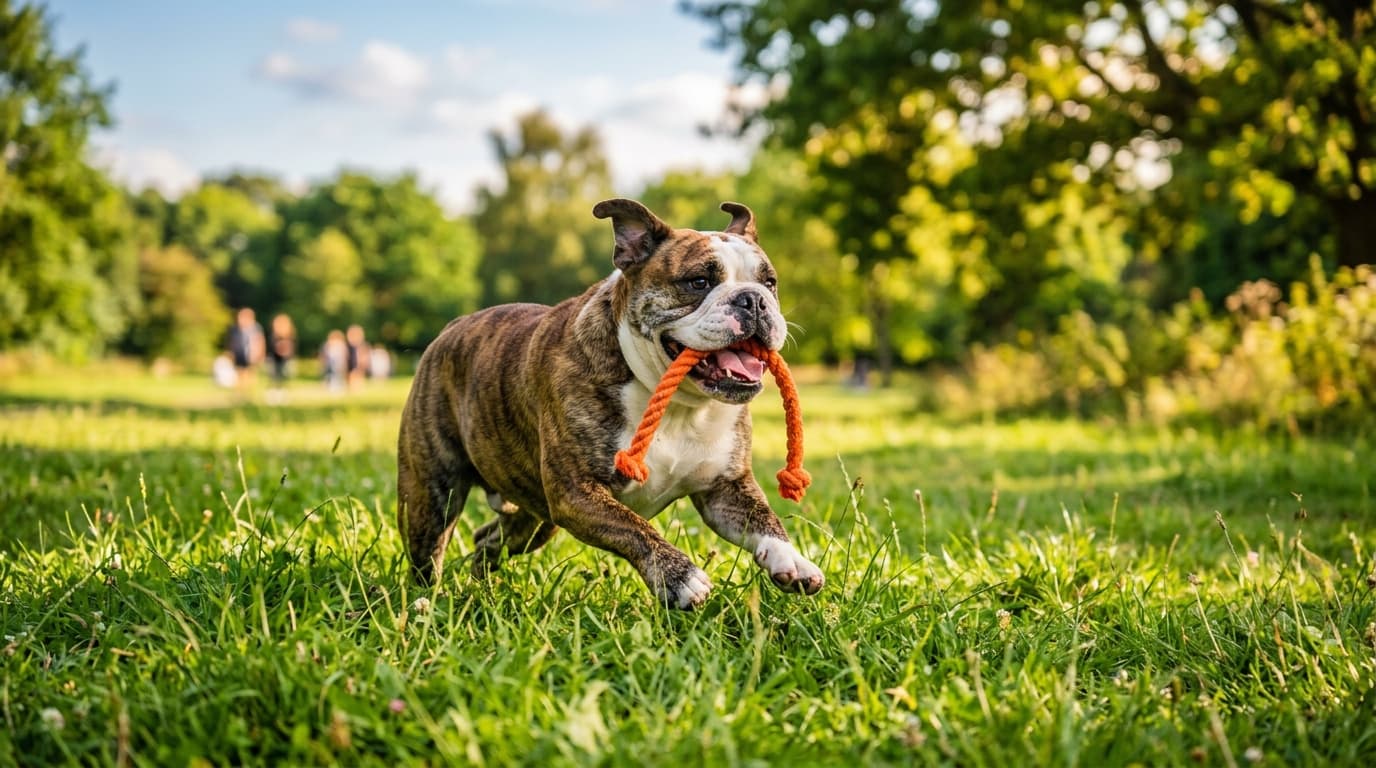 Bulldog in a natural outdoor lifestyle setting, illustrating typical breed energy level and body shape