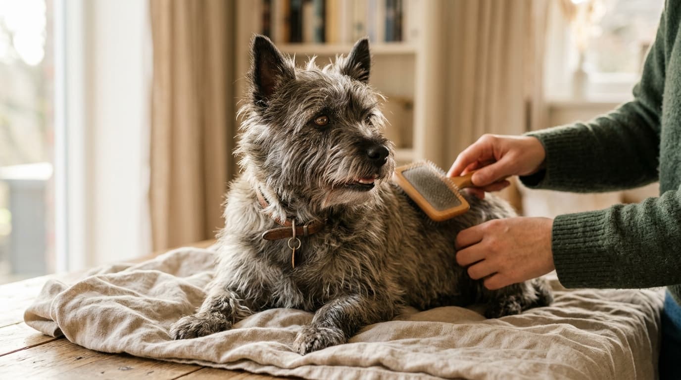 Cairn Terrier wearing recommended dog gear, demonstrating proper harness or collar fit for the breed