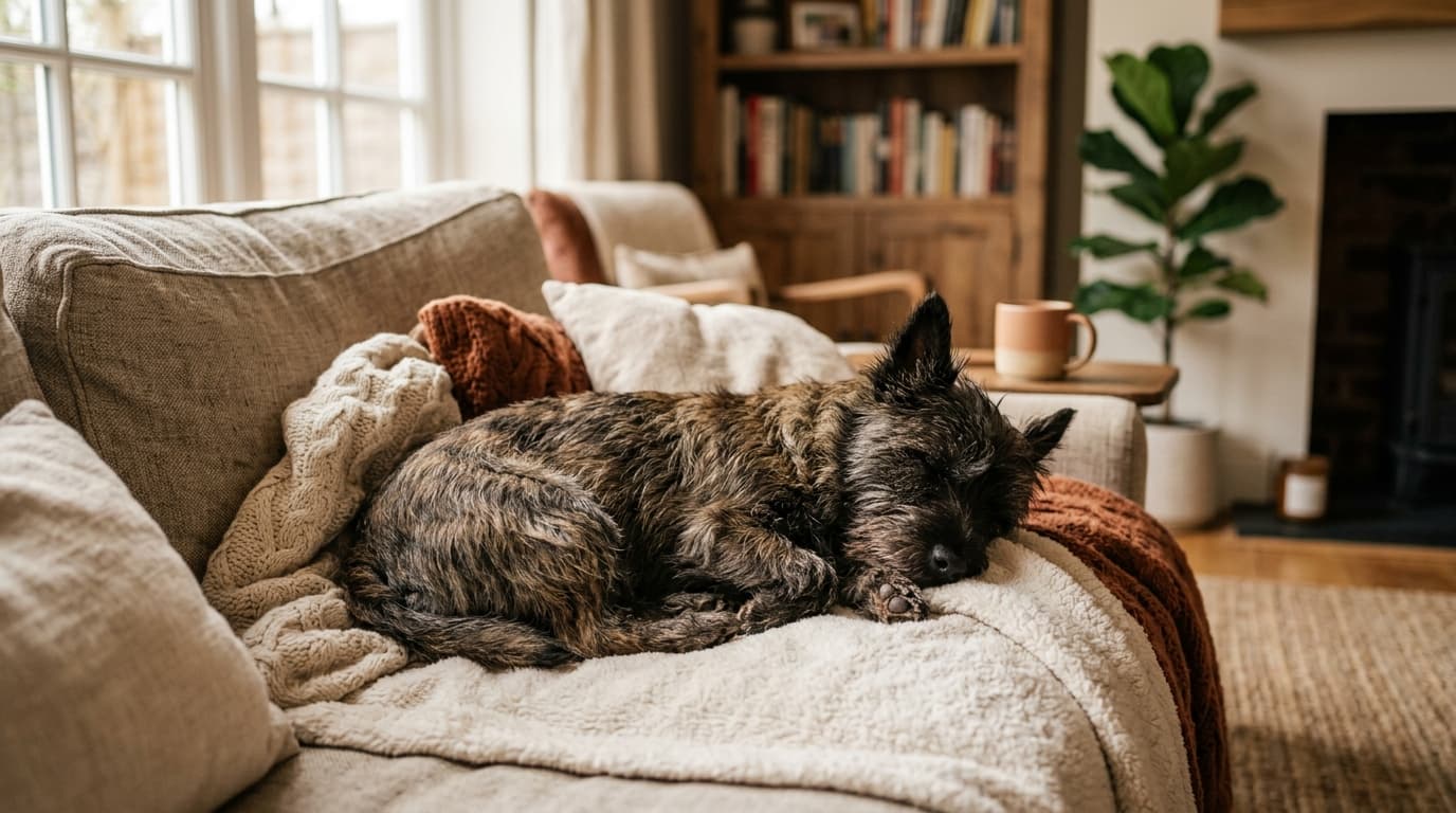 Cairn Terrier in a natural outdoor lifestyle setting, illustrating typical breed energy level and body shape
