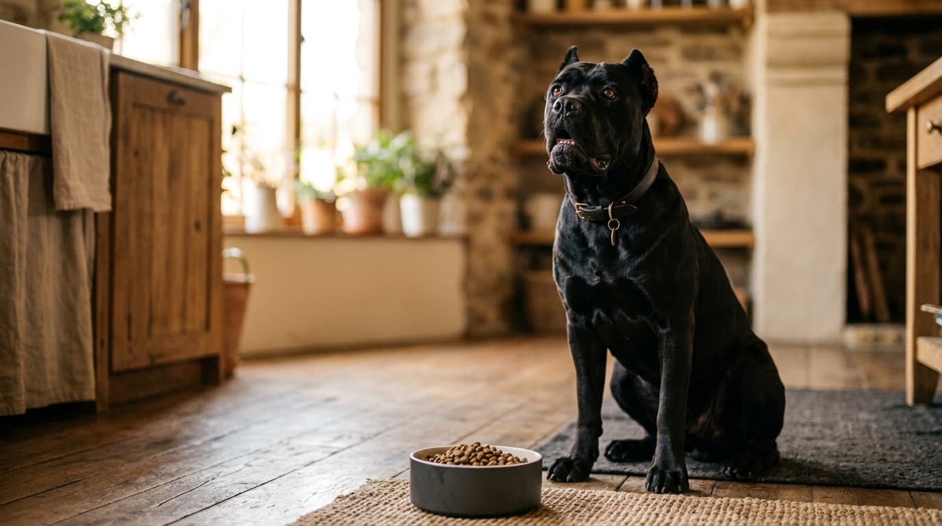 Cane Corso wearing recommended dog gear, demonstrating proper harness or collar fit for the breed
