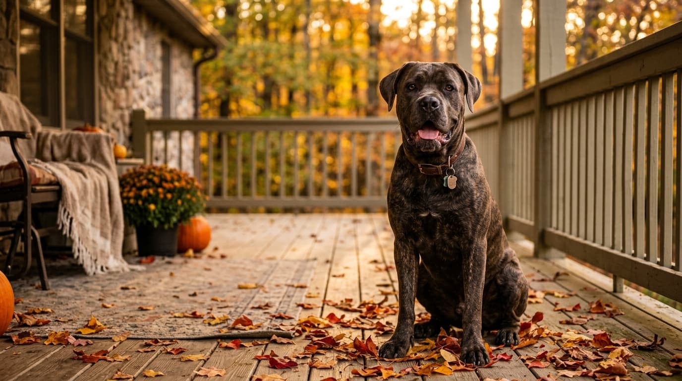 Cane Corso in a natural outdoor lifestyle setting, illustrating typical breed energy level and body shape