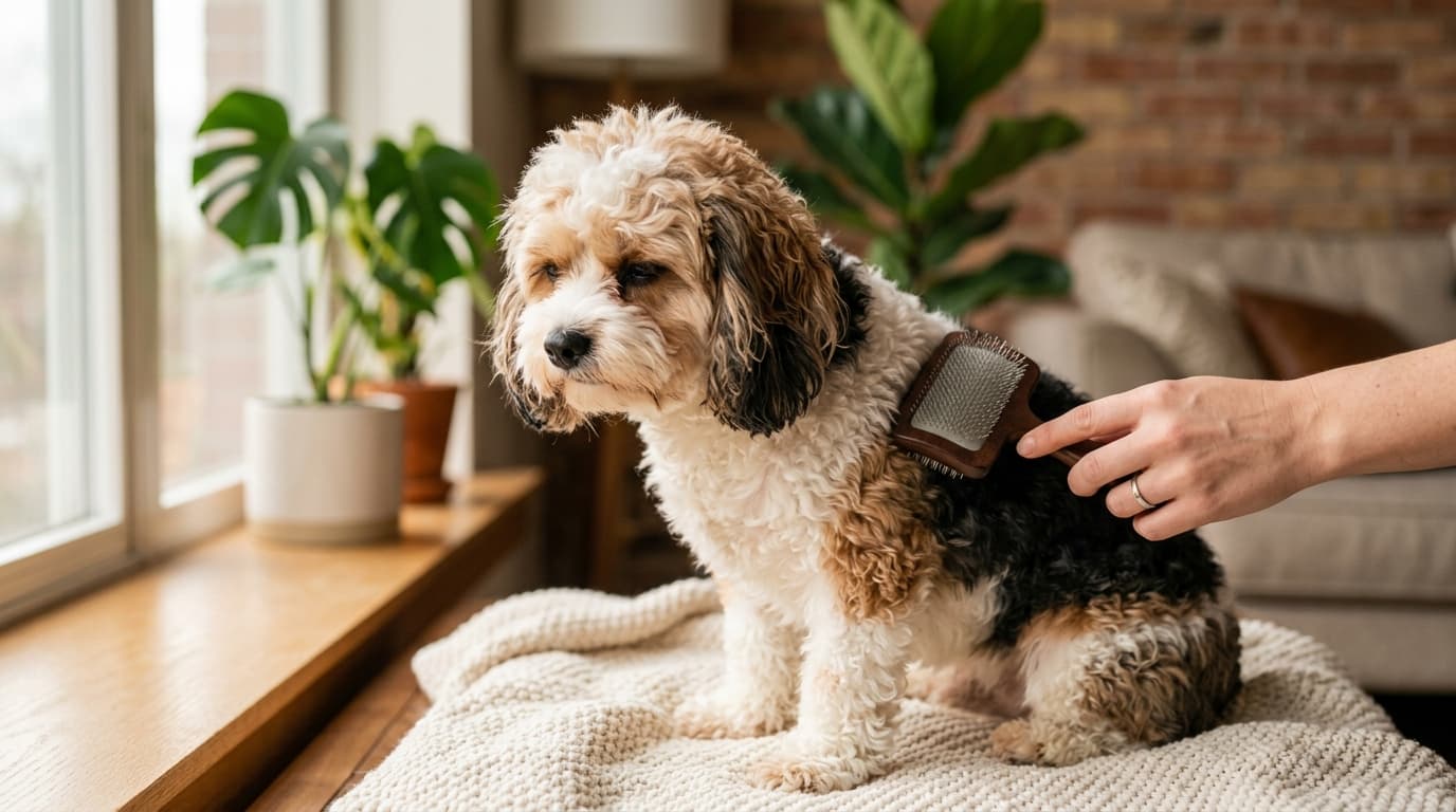 Cavachon wearing recommended dog gear, demonstrating proper harness or collar fit for the breed