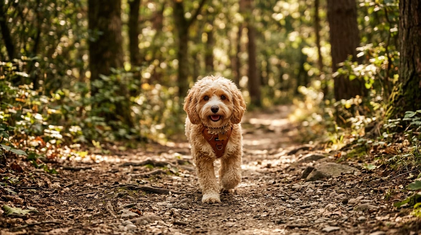 Cavachon in a natural outdoor lifestyle setting, illustrating typical breed energy level and body shape