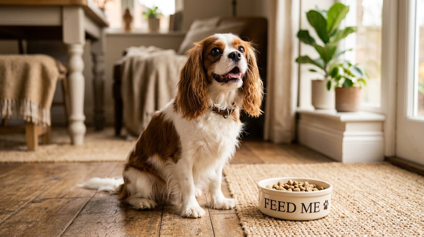 Cavalier King Charles Spaniel wearing recommended dog gear, demonstrating proper harness or collar fit for the breed