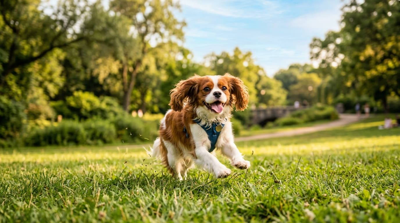 Cavalier King Charles Spaniel in a natural outdoor lifestyle setting, illustrating typical breed energy level and body shape