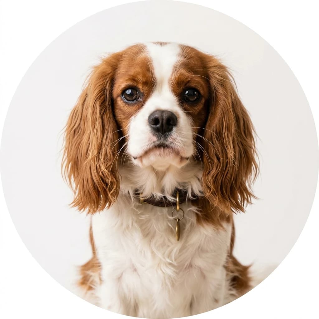 Cavalier King Charles Spaniel dog — studio head-and-shoulders portrait showing typical coat color and facial features