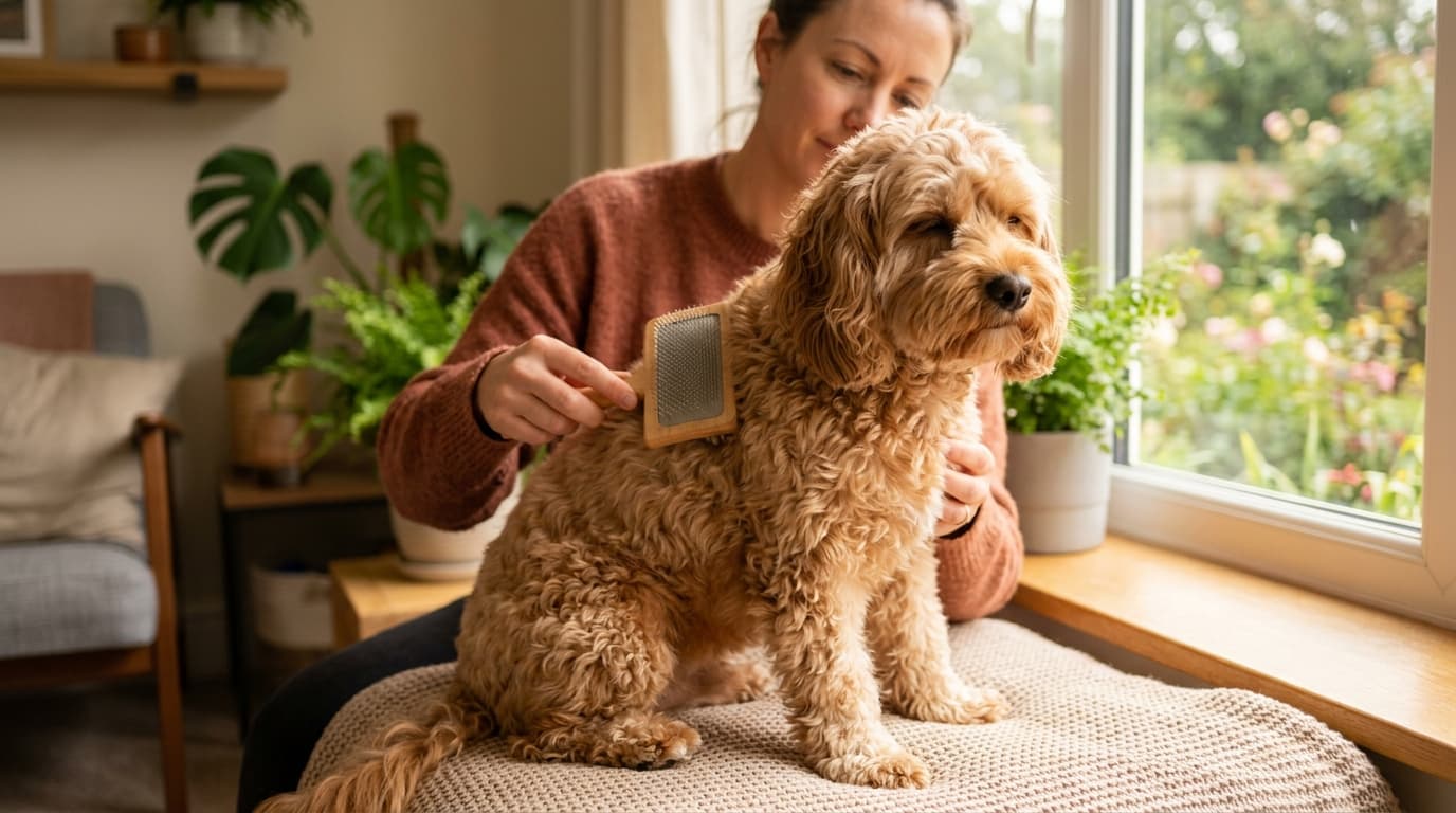 Cavapoo wearing recommended dog gear, demonstrating proper harness or collar fit for the breed