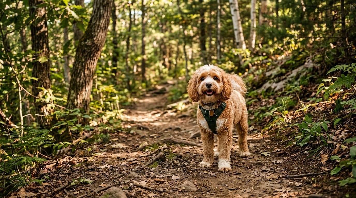 Cavapoo in a natural outdoor lifestyle setting, illustrating typical breed energy level and body shape