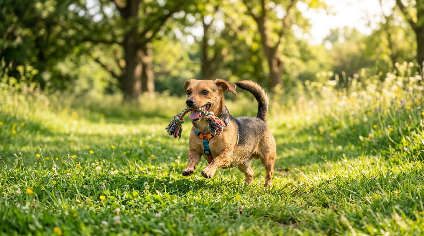 Chiweenie in a natural outdoor lifestyle setting, illustrating typical breed energy level and body shape
