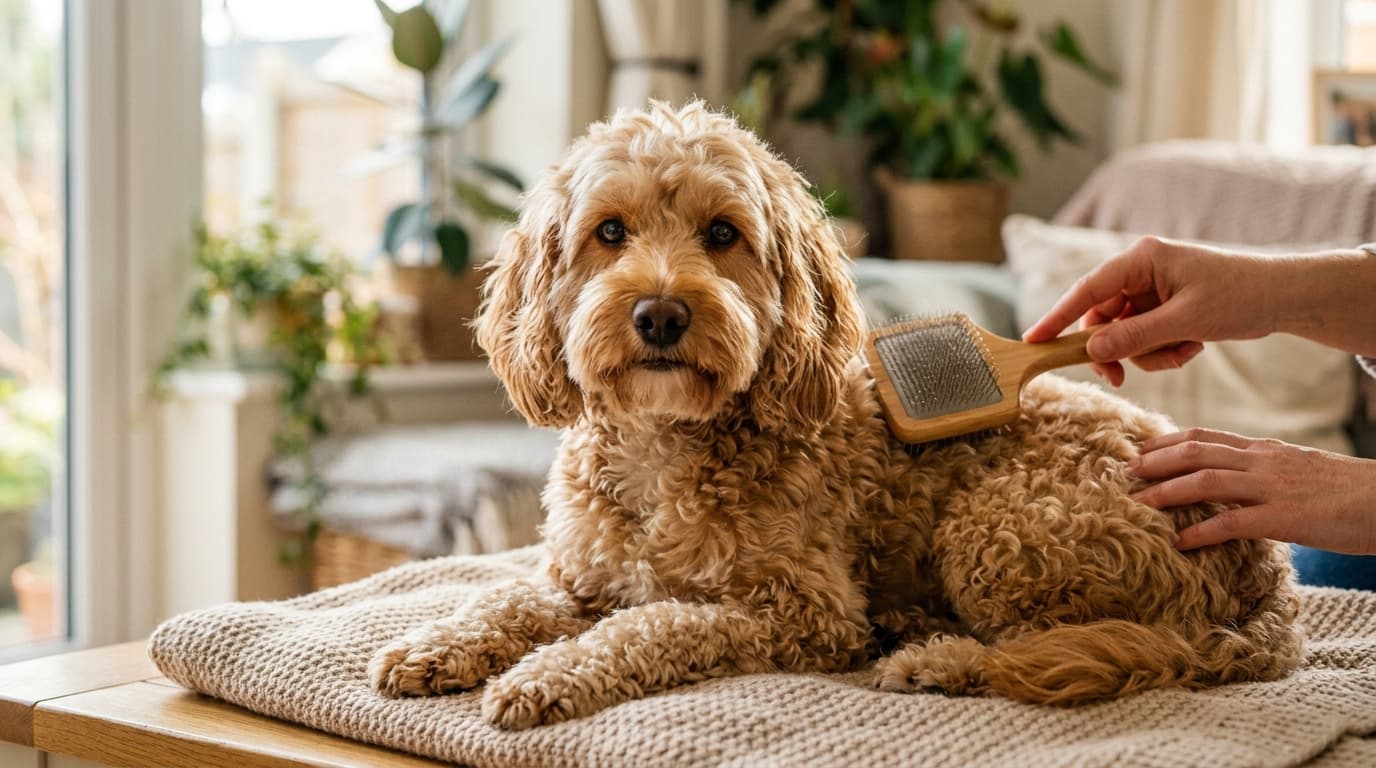 Cockapoo wearing recommended dog gear, demonstrating proper harness or collar fit for the breed