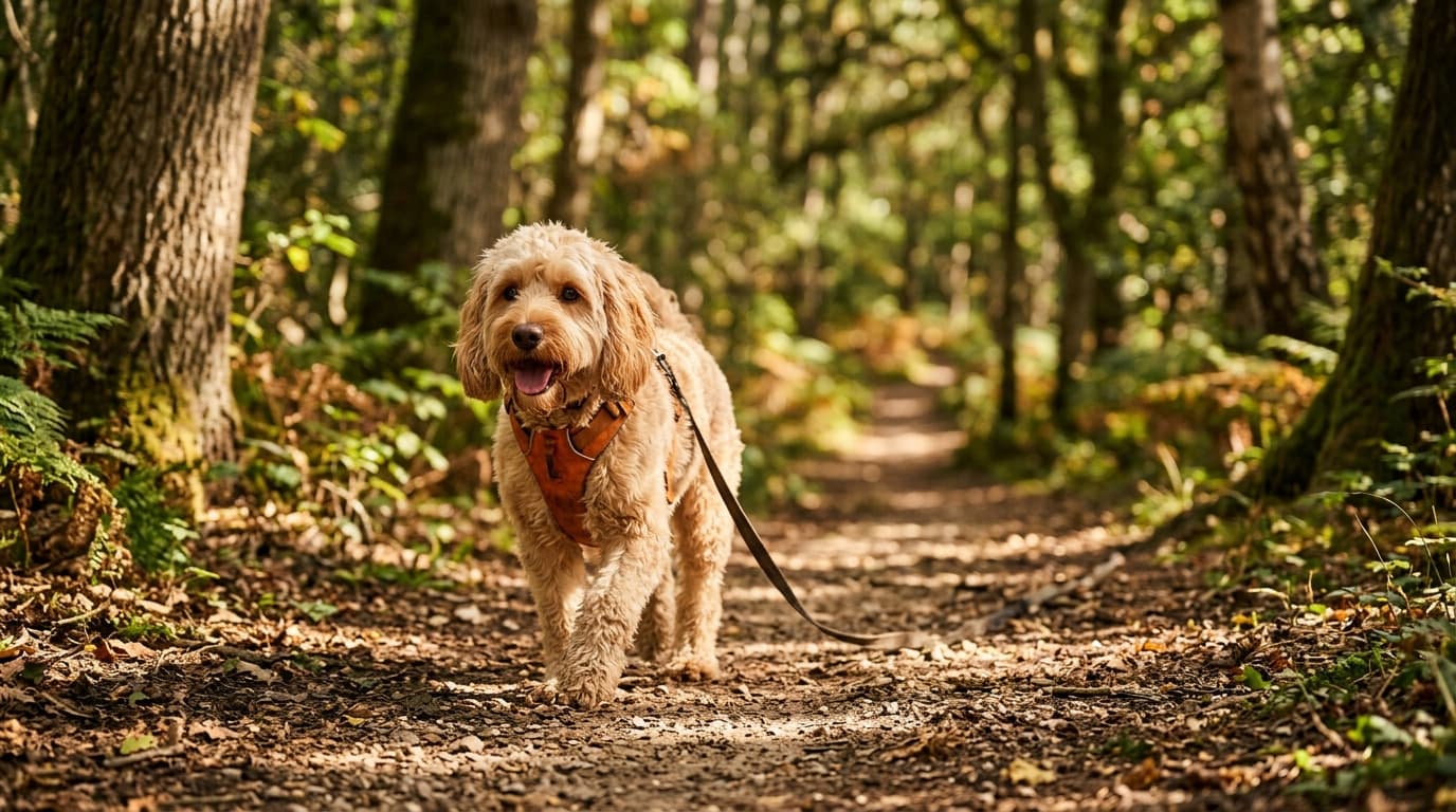 Cockapoo in a natural outdoor lifestyle setting, illustrating typical breed energy level and body shape