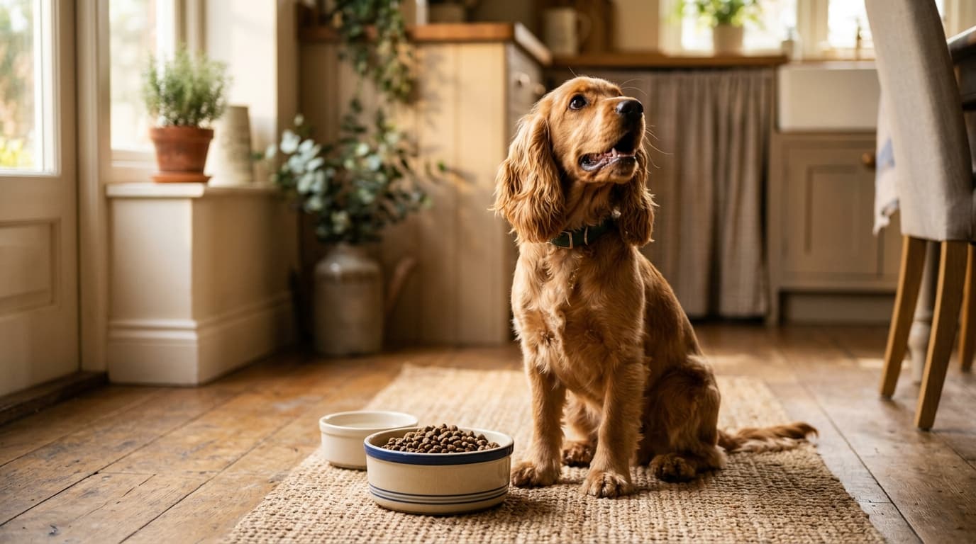 Cocker Spaniel wearing recommended dog gear, demonstrating proper harness or collar fit for the breed