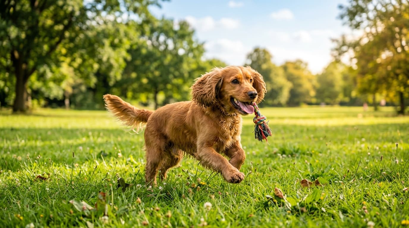 Cocker Spaniel in a natural outdoor lifestyle setting, illustrating typical breed energy level and body shape