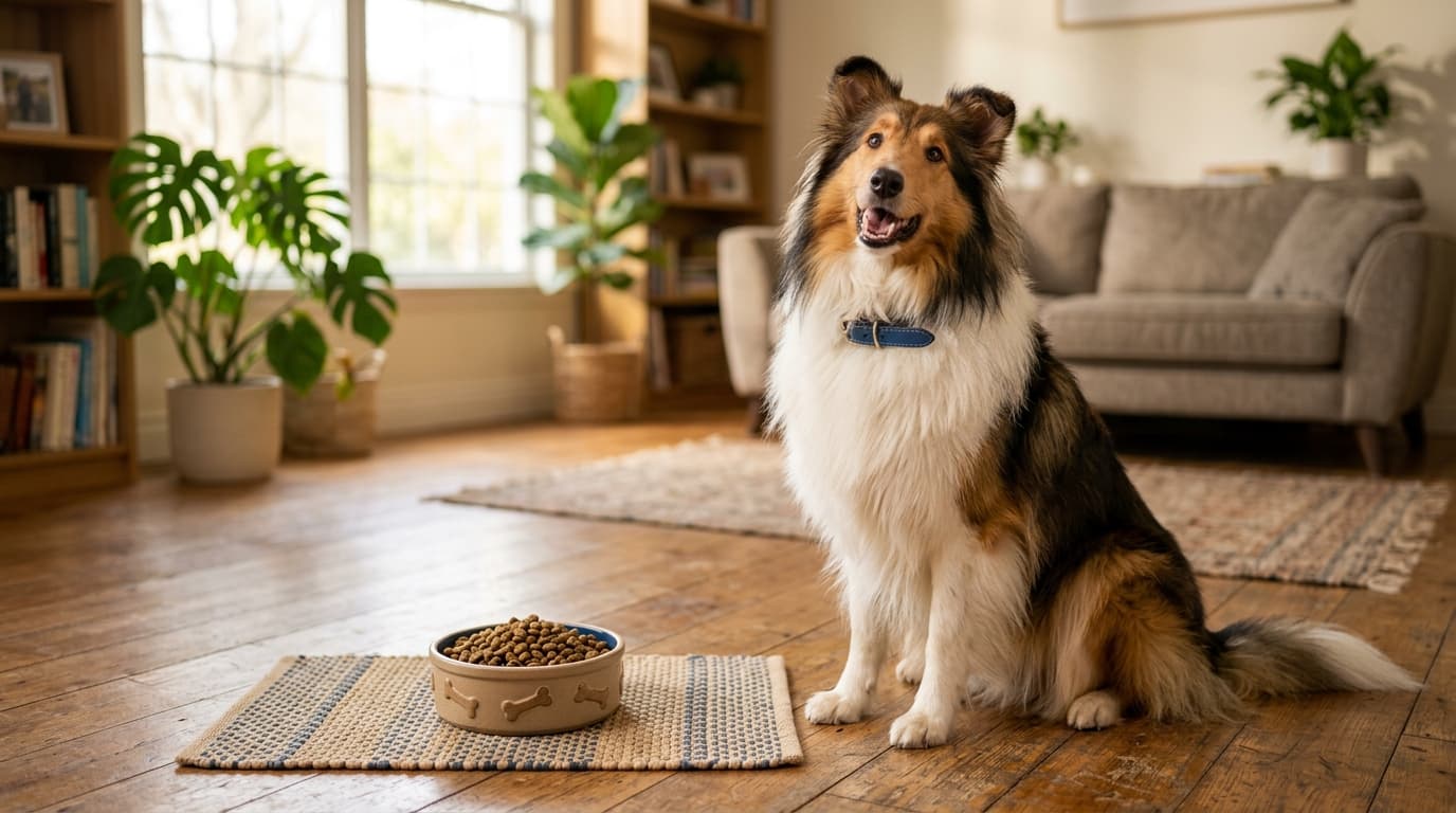 Collie wearing recommended dog gear, demonstrating proper harness or collar fit for the breed
