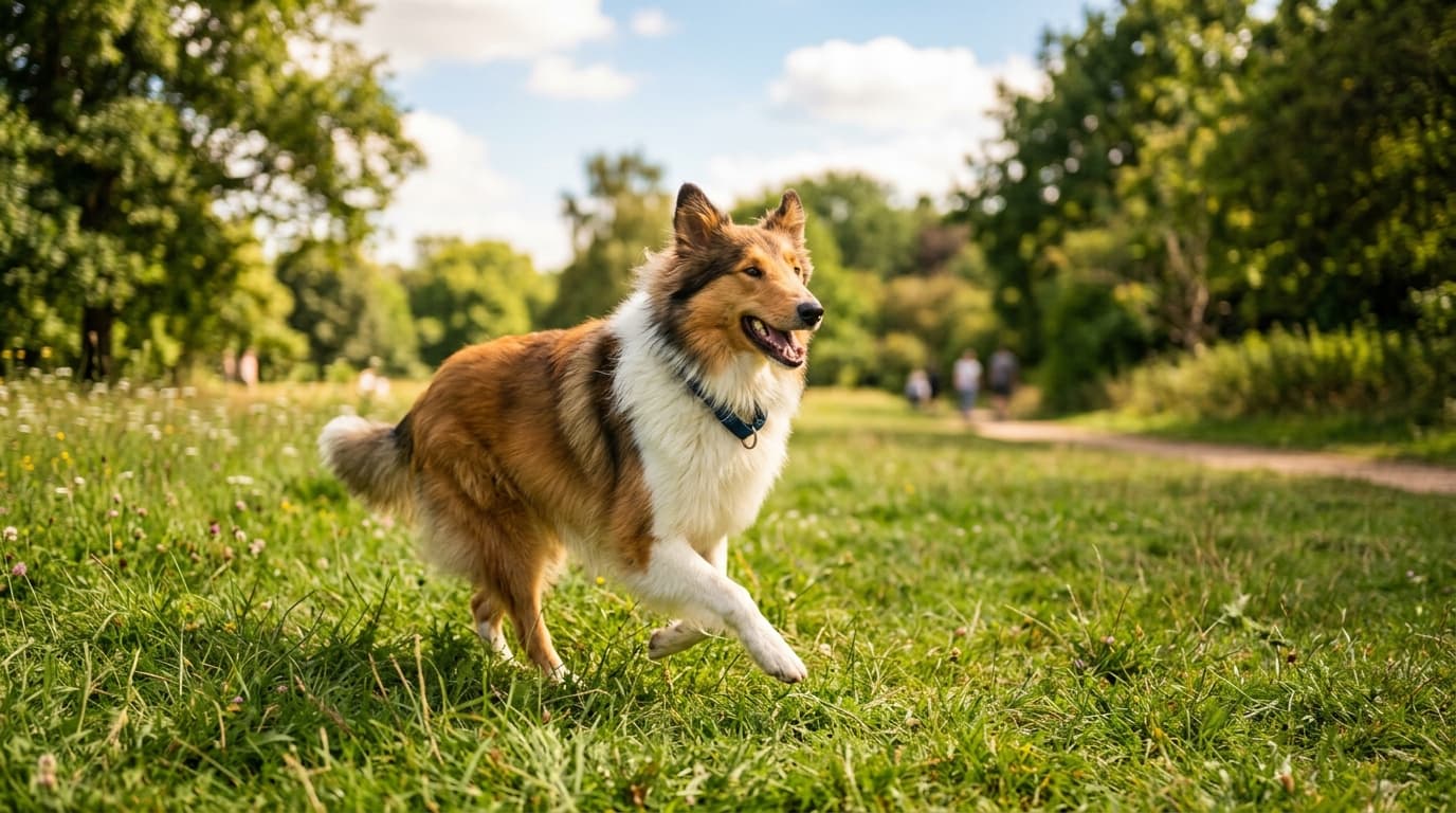 Collie in a natural outdoor lifestyle setting, illustrating typical breed energy level and body shape
