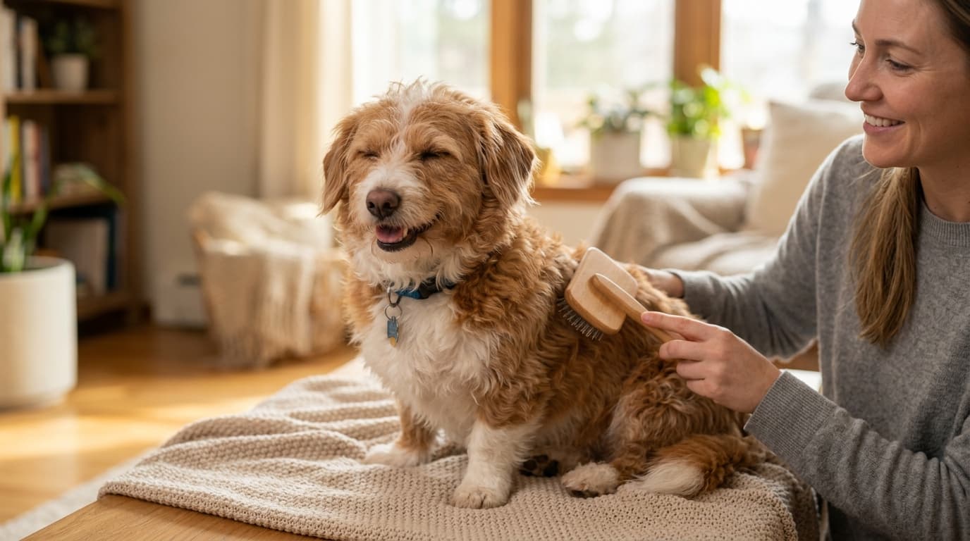 Corgipoo wearing recommended dog gear, demonstrating proper harness or collar fit for the breed