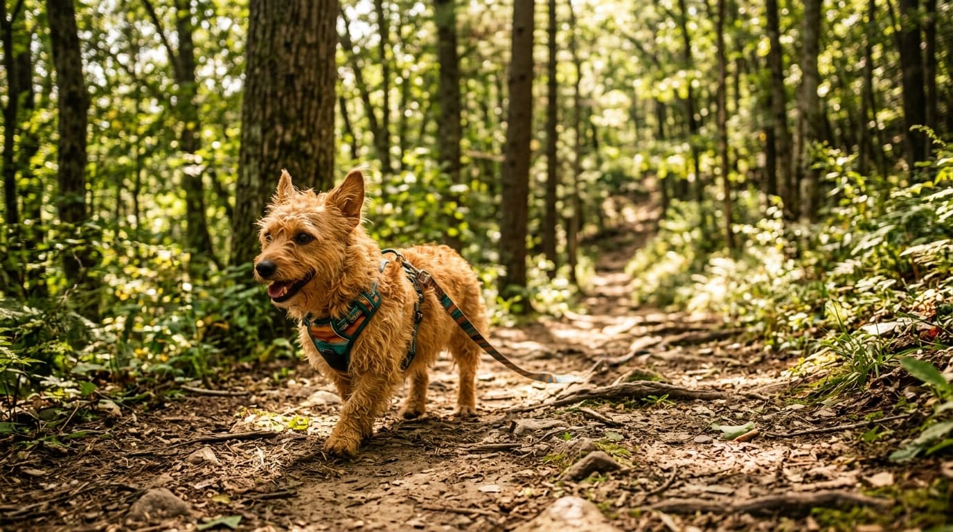Corgipoo in a natural outdoor lifestyle setting, illustrating typical breed energy level and body shape