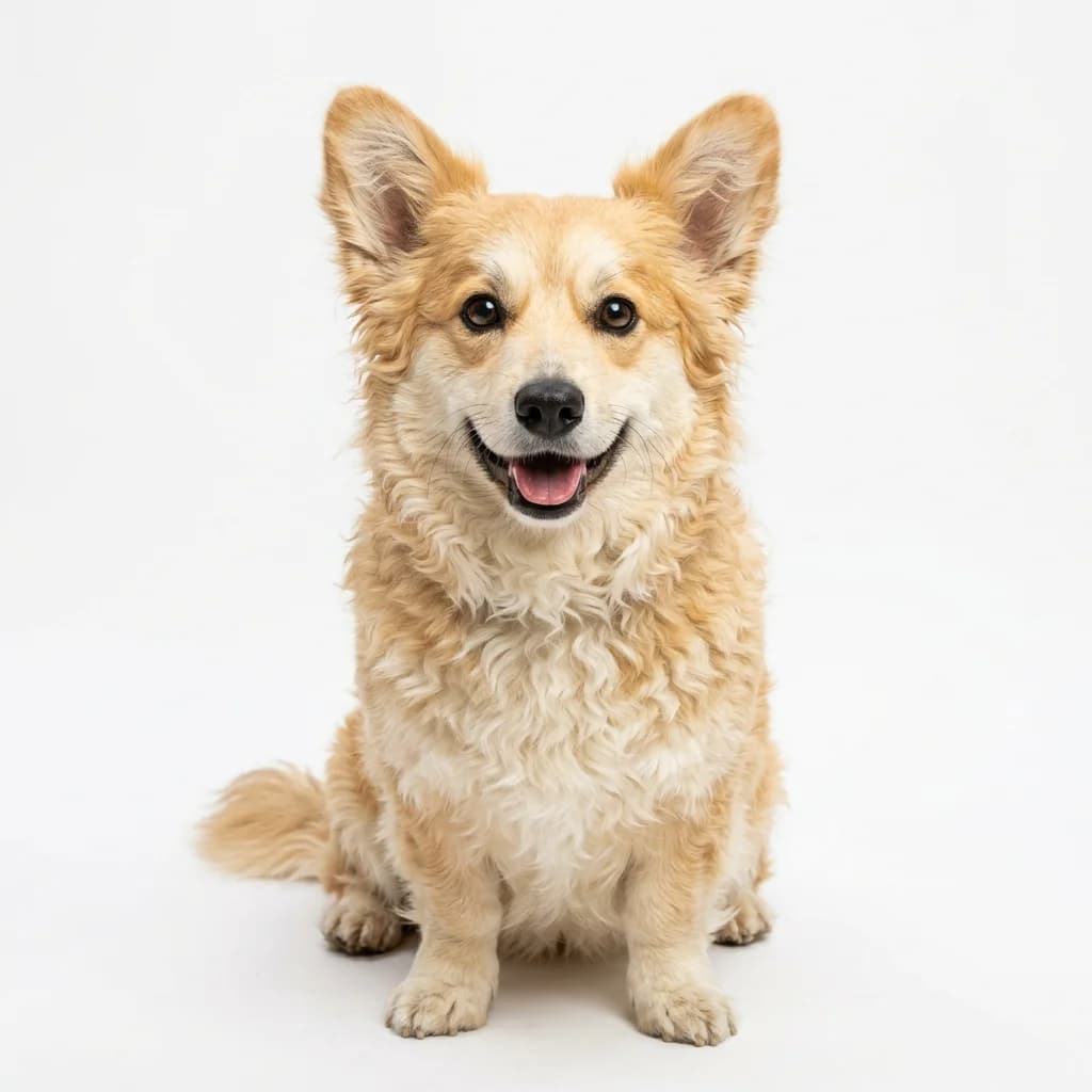 Corgipoo dog — studio head-and-shoulders portrait showing typical coat color and facial features