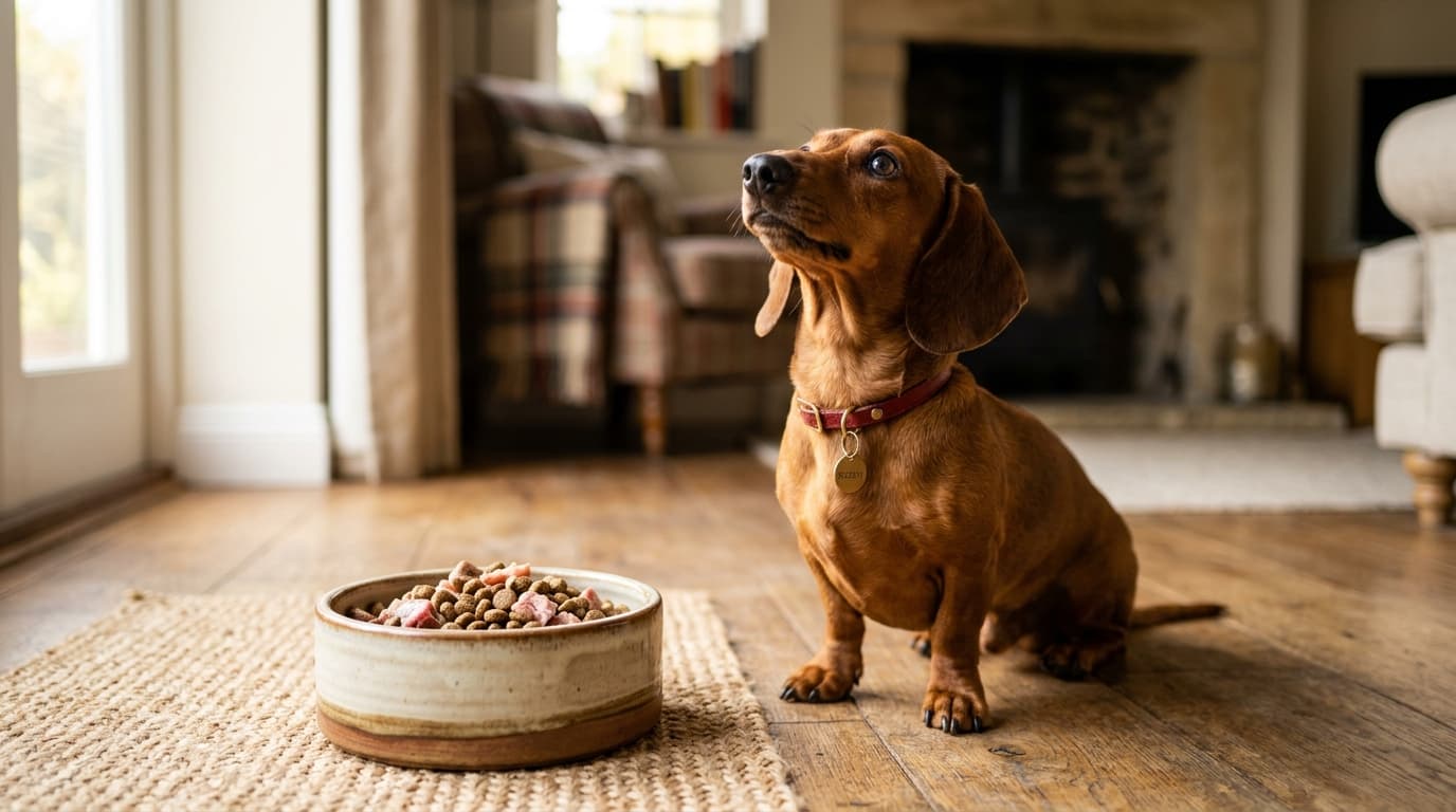 Dachshund wearing recommended dog gear, demonstrating proper harness or collar fit for the breed