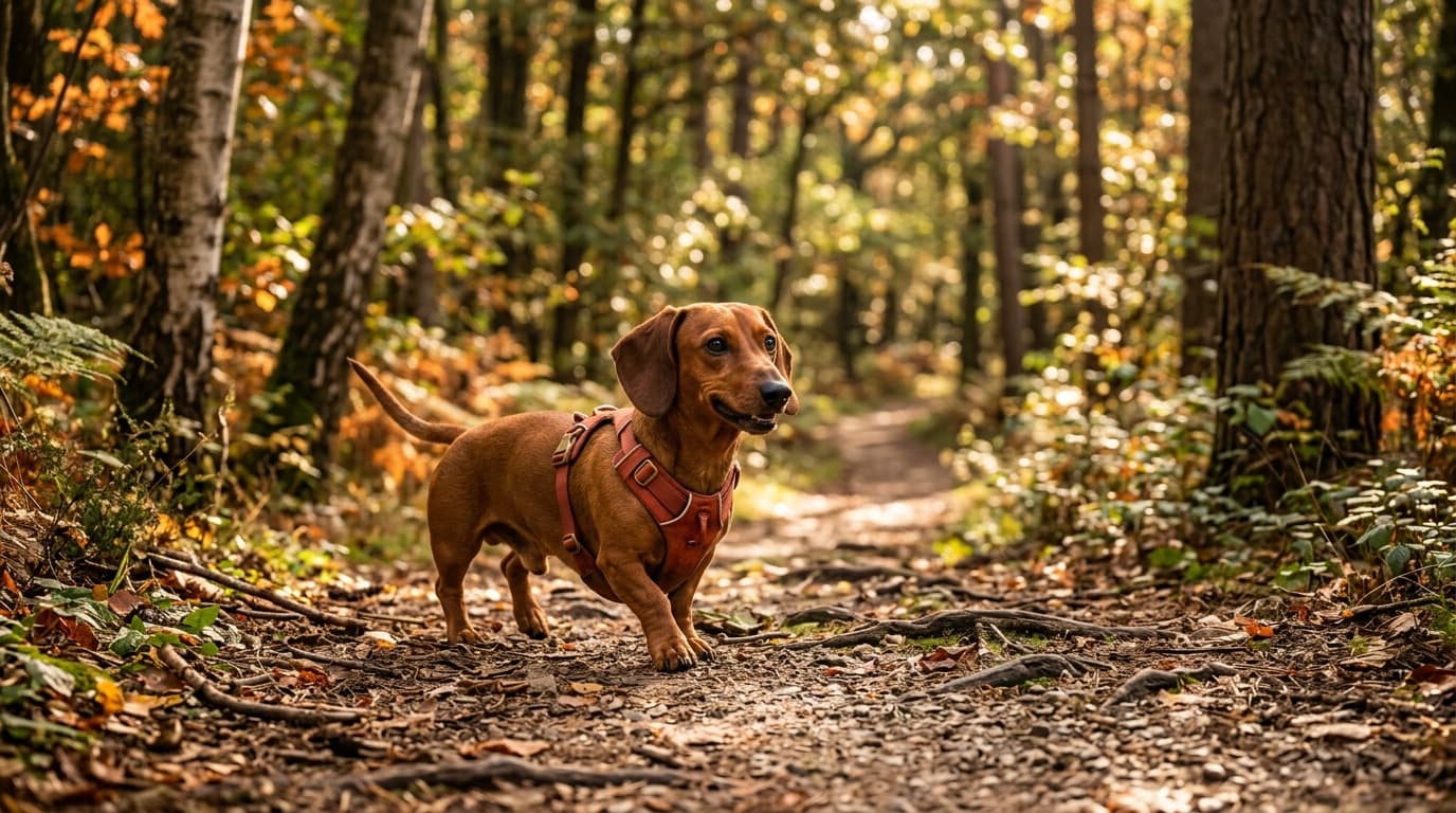 Dachshund in a natural outdoor lifestyle setting, illustrating typical breed energy level and body shape