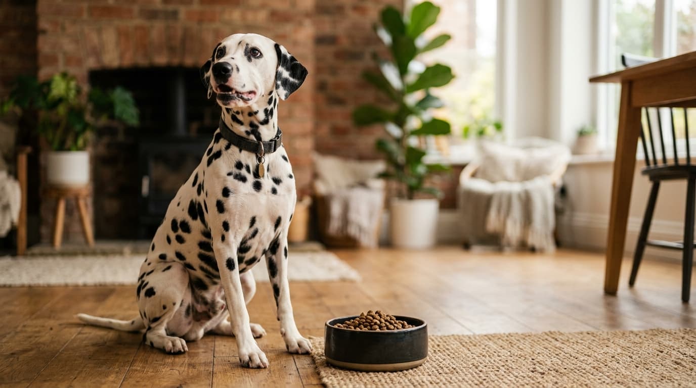 Dalmatian wearing recommended dog gear, demonstrating proper harness or collar fit for the breed