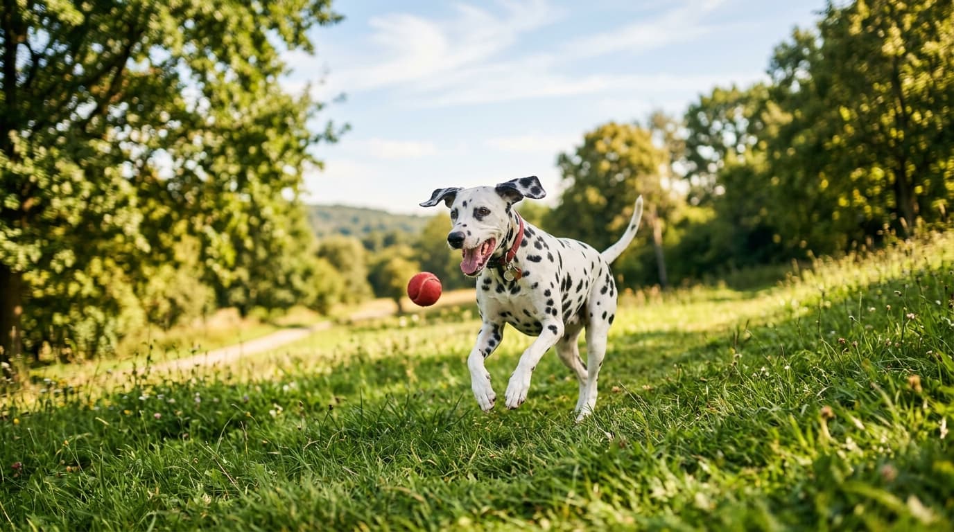 Dalmatian in a natural outdoor lifestyle setting, illustrating typical breed energy level and body shape