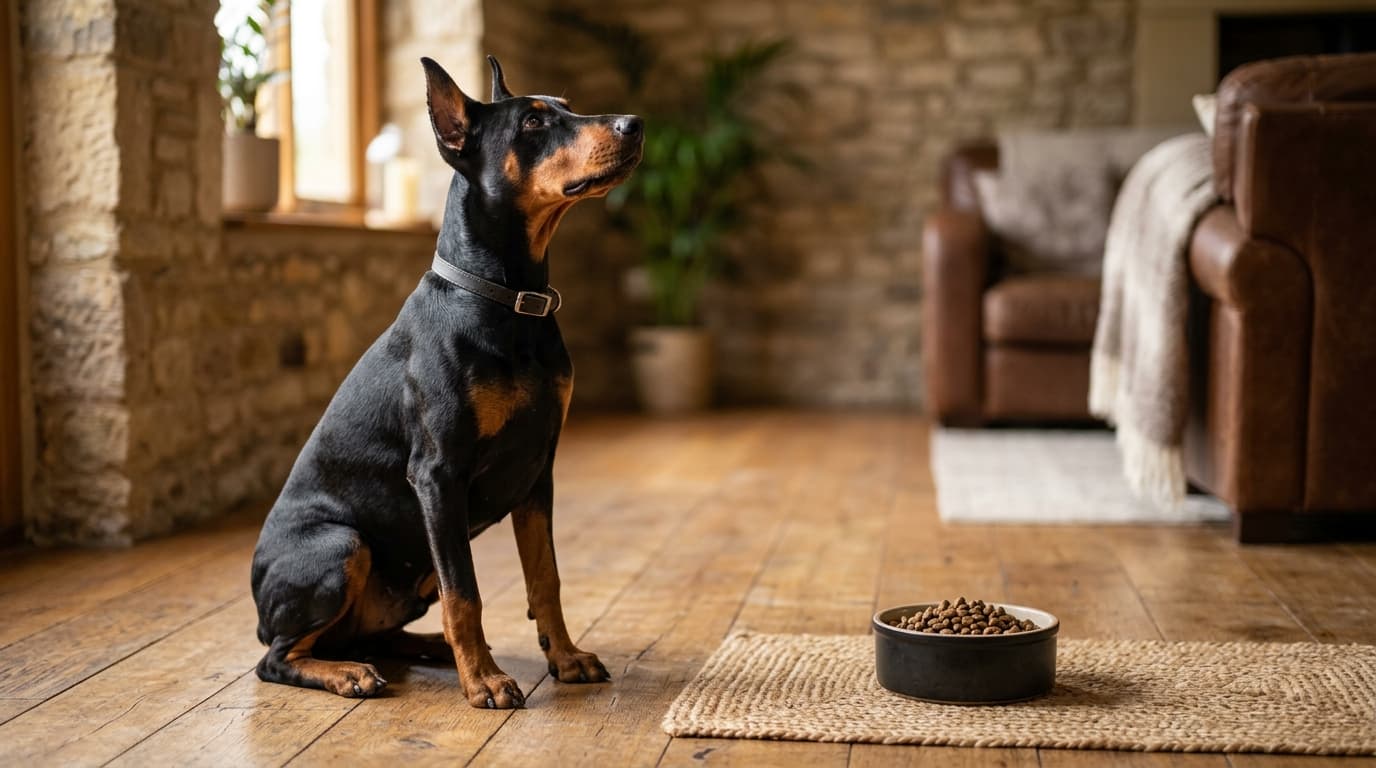 Doberman Pinscher wearing recommended dog gear, demonstrating proper harness or collar fit for the breed