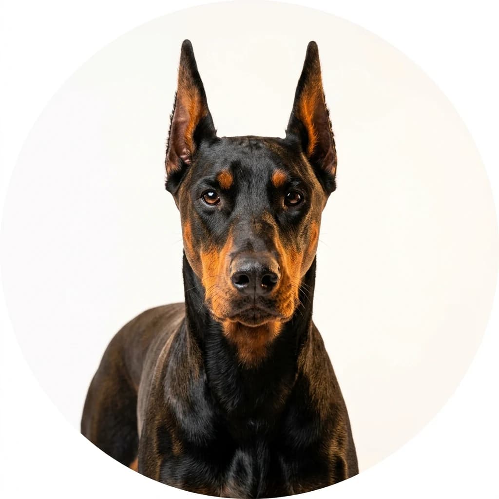 Doberman Pinscher dog — studio head-and-shoulders portrait showing typical coat color and facial features